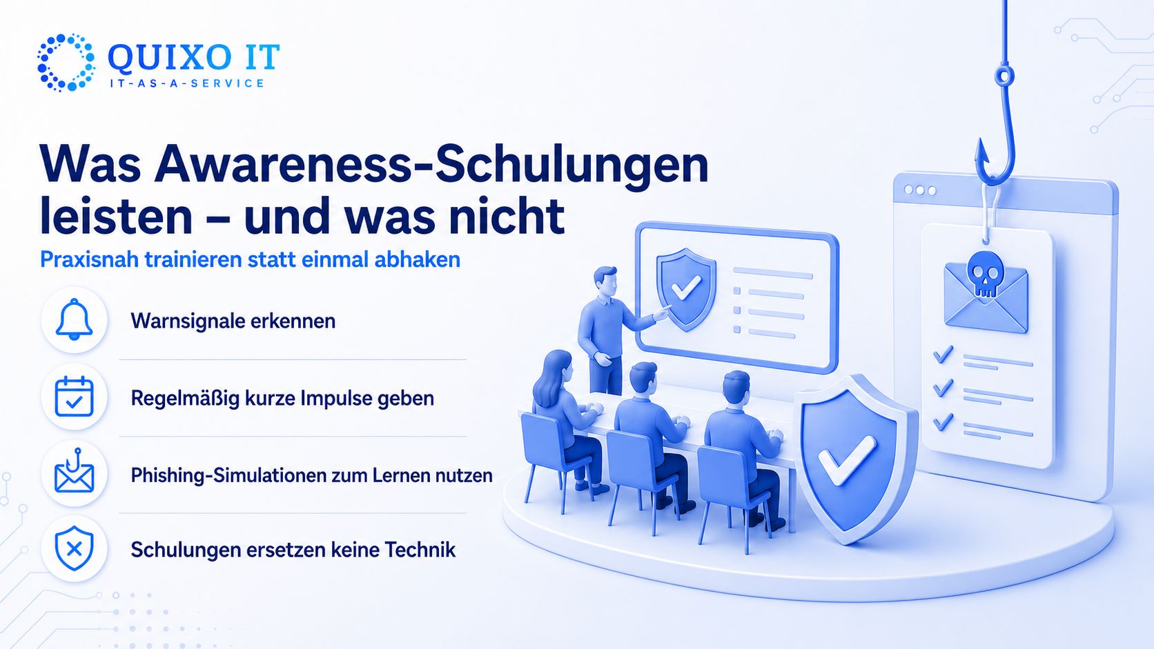Infografik zu Awareness-Schulungen im Mittelstand: Mitarbeitende lernen Warnsignale zu erkennen, erhalten regelmäßige Sicherheitsimpulse, nutzen Phishing-Simulationen und verstehen, dass Schulungen keine Technik ersetzen.