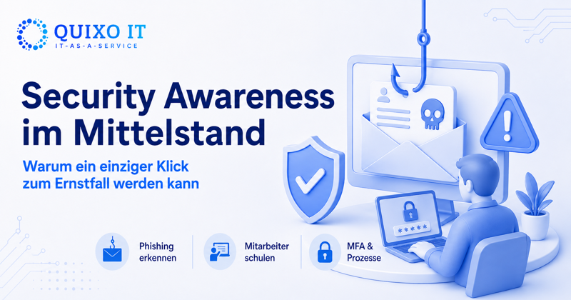 Grafik zu Security Awareness im Mittelstand mit Phishing-Mail, Warnsymbol, Schutzschild und Mitarbeiter am Computer. Text: Security Awareness im Mittelstand – warum ein einziger Klick zum Ernstfall werden kann.