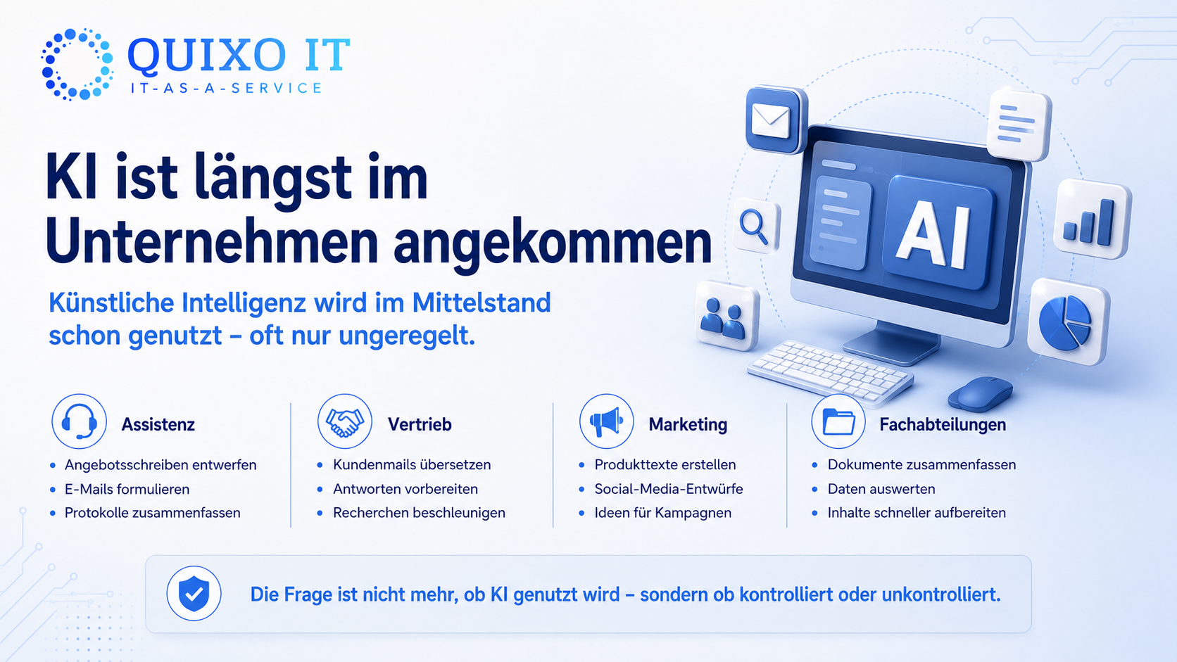 KI ist längst im Unternehmen angekommen.png Infografik zeigt, wie KI im Mittelstand bereits genutzt wird: Angebotsschreiben mit ChatGPT, Übersetzungen im Vertrieb, Marketingtexte und Dokumentenzusammenfassungen.