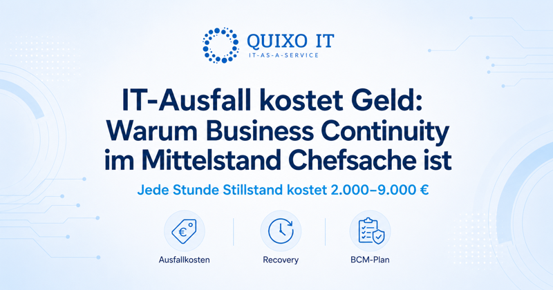 Banner zum Blogartikel „IT-Ausfall kostet Geld“ mit Quixo IT Logo, Business-Continuity-Thema und Hinweis auf Stillstandskosten von 2.000 bis 9.000 Euro pro Stunde.