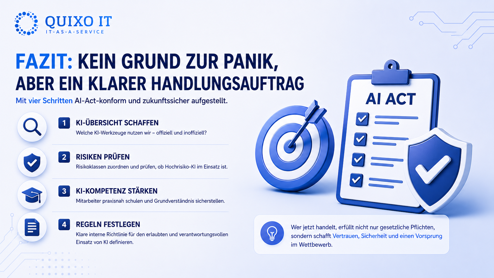 Fazitgrafik zum EU AI Act im Mittelstand: kein Grund zur Panik, aber klarer Handlungsauftrag für KI-Überblick, Risikoprüfung, Mitarbeiterschulung und interne Regeln.