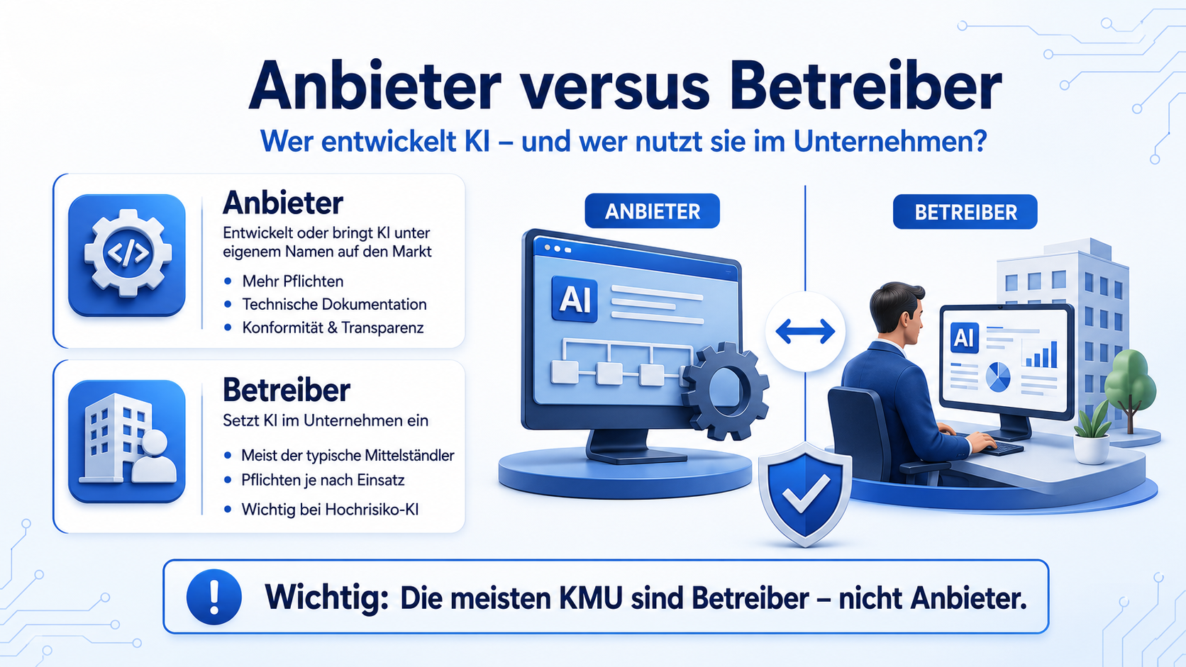Infografik erklärt Anbieter und Betreiber im EU AI Act: Anbieter entwickeln oder vertreiben KI-Systeme, Betreiber nutzen KI im Unternehmen und haben je nach Einsatz eigene Pflichten.