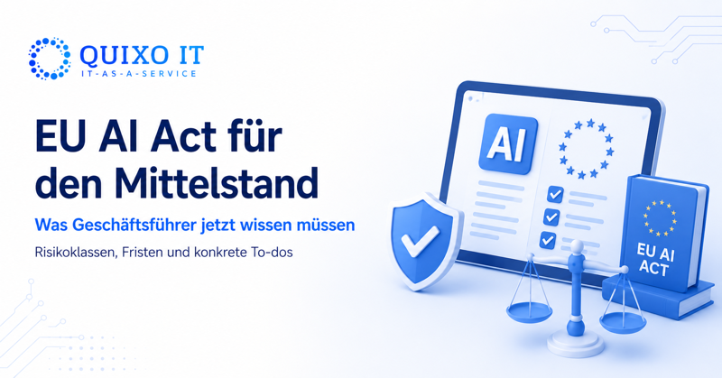 Infografik erklärt, was der EU AI Act regelt: sichere KI, Transparenz, Grundrechtsschutz, risikobasierter Ansatz und schrittweise Umsetzung in der EU.