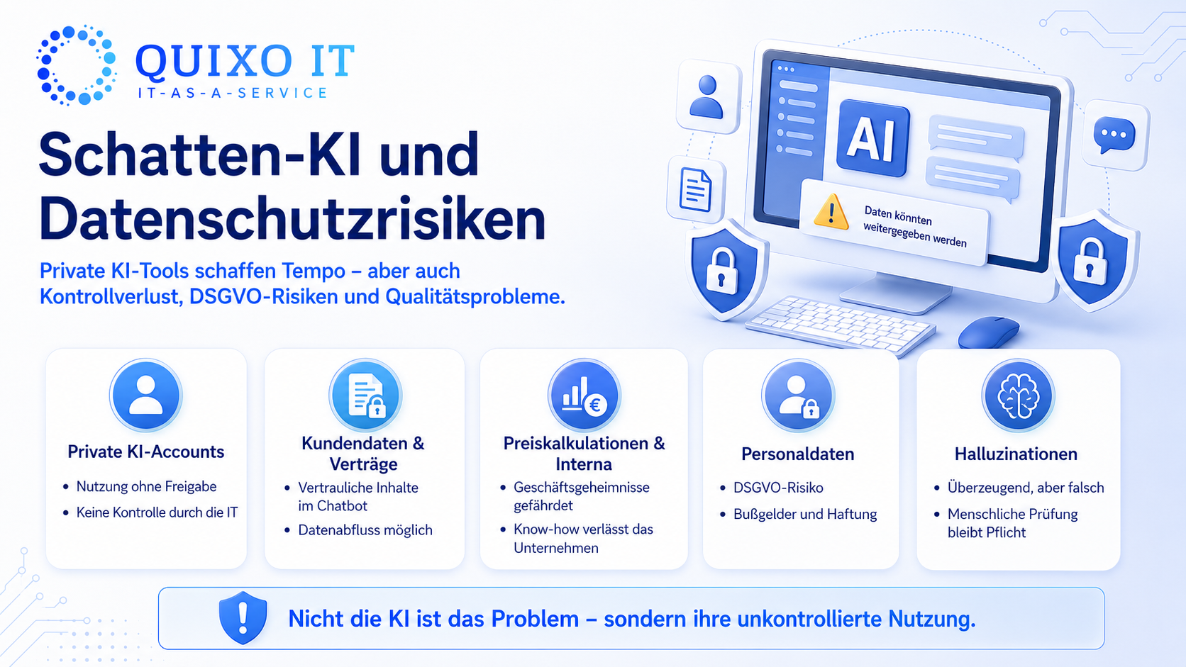 Schatten-KI und Datenschutzrisiken.png Infografik zu Schatten-KI im Mittelstand mit Risiken durch private KI-Accounts, Kundendaten, Verträge, Preiskalkulationen, Personaldaten und mögliche DSGVO-Verstöße.